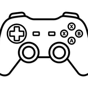 Può includere: Illustrazione in bianco e nero di un controller per videogiochi. Il controller presenta un pad direzionale, due levette analogiche e pulsanti contrassegnati con X, A e B. Il design è semplice e moderno, perfetto per i giocatori.