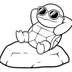 Può includere: Illustrazione in bianco e nero di un cartone animato di una tartaruga con occhiali da sole, che si rilassa su una roccia. La tartaruga ha le braccia dietro la testa e le gambe incrociate. Il guscio della tartaruga ha un motivo geometrico.