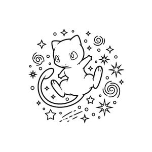 May include: A black and white illustration of a cartoon cat-like creature, surrounded by stars and swirls. The creature has large eyes and a long tail, with a playful pose. The design is simple and clean, suitable for various applications.