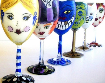 Alice in Wonderland Wine Glasses Set of 6 Hand Painted