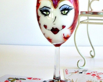 Hand Painted Queen of Hearts Wine Glass from my Alice in Wonderland series of set of six wine glasses