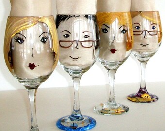 Custom painted wine glass to look like a friend or friends. Personalized Wine Glass