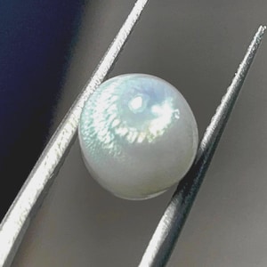 May include: A lustrous, round pearl held by silver tweezers. The pearl has a subtle iridescent sheen with a swirling pattern on its surface. The background is a gradient of dark blue and gray.