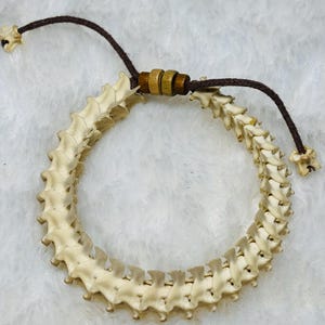 Op de afbeelding: Gebroken wit botachtig armband met een bruin koord en houten kralen. De armband is gemaakt van kleine, verbonden stukjes, die een cirkelvorm vormen. Het koord wordt gebruikt om de maat aan te passen.
