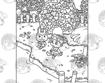 May include: A black and white line drawing of a cartoon character with a bunny rabbit. The character is wearing a shirt with a pattern and is standing in a forest setting.