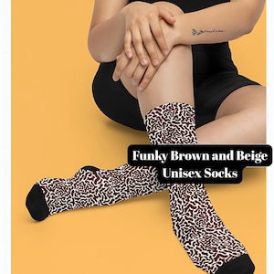 Abstract Pattern Crew Socks Funky Brown and Beige Unisex Socks Aesthetic Streetwear Socks Gift for Him and Her Soft Cotton Blend Fun Socks