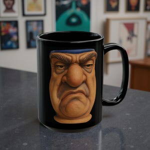 Funny Black Mug with Grumpy Face  Humorous Coffee Cup Gift for Coffee Lovers Office Humor Birthday Gift Unique Mug