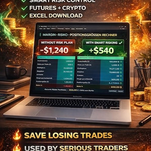 Könnte beinhalten: Laptop mit Finanzdaten und dem Text "RISK LIKE A PRO." Funktionen: Sofortige Losgröße, intelligente Risikokontrolle, Futures, Krypto und Excel-Download. Goldmünzen und Flammen betonen Handelsstrategien.