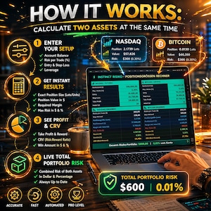 Könnte beinhalten: Ein Laptop-Bildschirm zeigt Finanzdaten, einschließlich NASDAQ- und Bitcoin-Informationen, mit Diagrammen und Zahlen. Das Bild enthält den Text "HOW IT WORKS" und "CALCULATE TWO ASSETS AT THE SAME TIME."