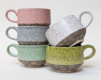 MADE TO ORDER Hand painted wheel thrown speckled stoneware mugs with woven striped pattern