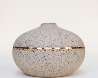 Speckled stoneware bud vase with gold luster pin stripe