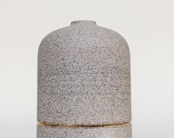 Speckled stoneware tapered bud vase with gold luster pin stripe
