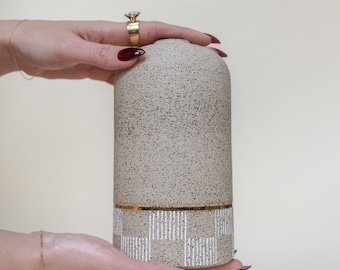 Speckled stoneware tapered vase with hand painted striped checkered pattern and gold luster pin stripe