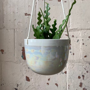 MADE TO ORDER Wheel thrown porcelain hanging planter with mother of pearl luster