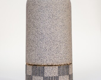Speckled stoneware tapered vase with hand painted striped checkered pattern and gold luster pin stripe
