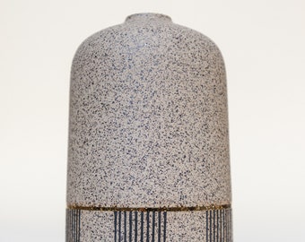 Speckled stoneware tapered vase with hand painted striped checkered pattern and gold luster pin stripe