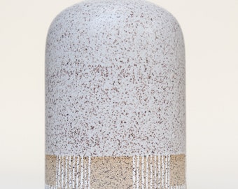 Speckled stoneware tapered vase with hand painted striped checkered pattern