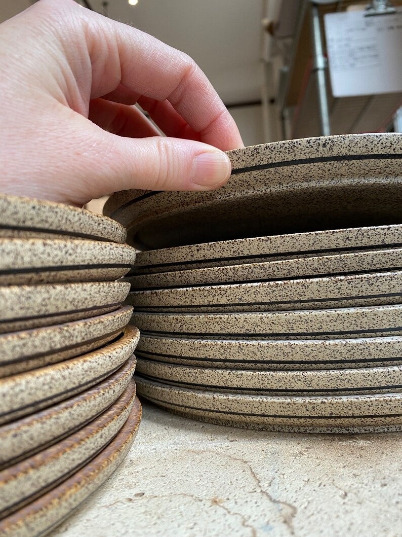 MADE TO ORDER Wheel Thrown Speckled stoneware dinner dessert bread plates with black stripe image 9