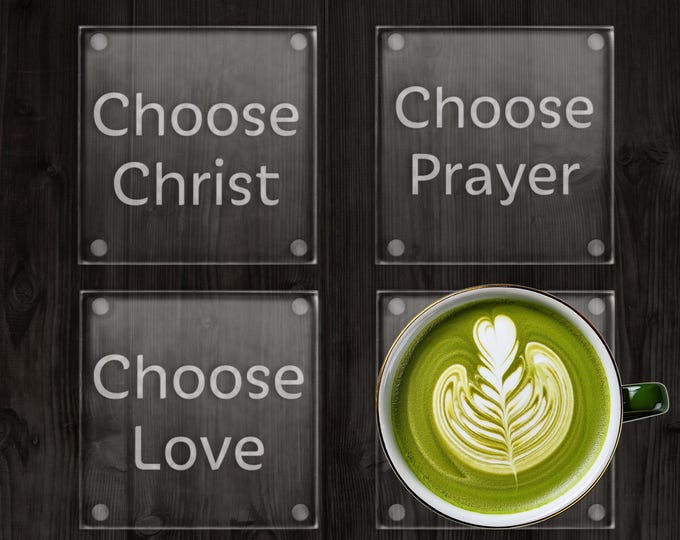 Set of 4 Etched Glass Coasters:  Faith Inspired | 3.5 inch Square | Engraved Coasters