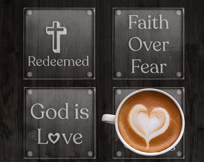 1 Etched Glass Coaster: Christian Faith Inspired | 3.5 inch Square | Engraved Coaster
