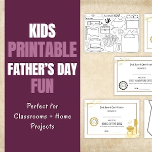 Paquete de actividades para el Día del Padre para niños: premios imprimibles para papá, hoja para colorear, marcapáginas con lazo, tamaño A4 y carta (EE. UU.), descarga instantánea, regalo para papá.