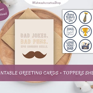 Tarjeta imprimible divertida para el Día del Padre + adornos para cupcakes / "Para el rey de los chistes de papá" / Tamaños A4 y carta / Descarga instantánea / 4 opciones de color