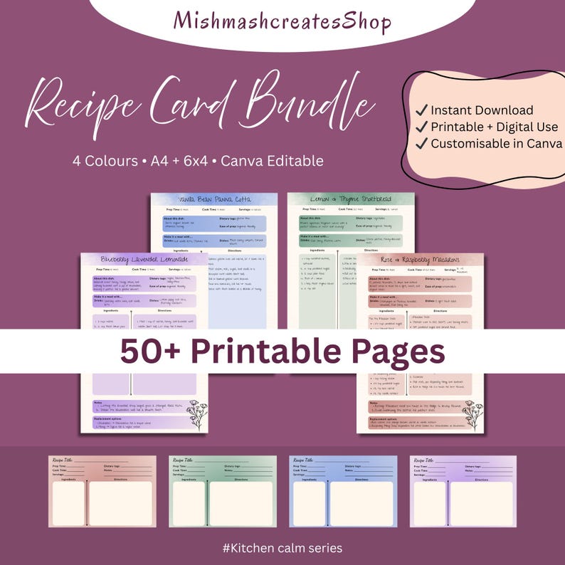 Printable Recipe Card Bundle: Pastel Kitchen Binder Kit (canva Template ...