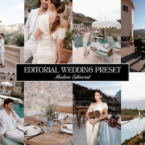 Peut inclure: Un collage d'images sur le thème du mariage. Les images présentent un couple en tenue élégante, des décors extérieurs et des détails tels que des tables et des compositions florales. Le texte indique "EDITORIAL WEDDING PRESET Modern Editorial."