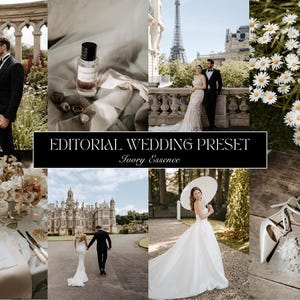 May include: A collage of images showcasing a wedding preset filter. The images feature a bride and groom in various settings, including a garden, a castle, and a Parisian street. The preset filter gives the images a soft, romantic, and dreamy look. The text "Editorial Wedding Preset Ivory Essence" is displayed in the centre of the collage.