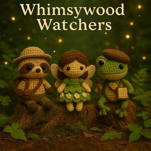 May include: Three crocheted stuffed toys sitting on a mossy log. A brown raccoon with a backpack, a green frog wearing a beret, and a fairy with brown hair and a green dress. The text "Whimsywood Watchers" is above the toys.