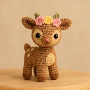 May include: A brown crocheted deer wearing a flower crown. The crown features pink, yellow, and green flowers. The deer has black eyes and a pink nose.