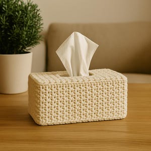 Pode incluir: Uma capa de caixa de lenços de papel em crochê na cor creme. A capa é feita com um padrão de ponto simples e tem uma forma retangular.