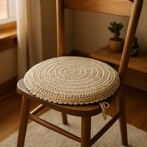 Könnte beinhalten: Ein Holzstuhl mit einem runden, gehäkelten Kissen in Cremefarbe. Das Kissen hat ein kreisförmiges Muster und liegt auf der Sitzfläche des Stuhls.