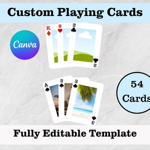 May include: A set of 54 fully editable custom playing cards. The cards feature a variety of designs, including a landscape with a blue sky and green hills, a plane flying over a city, and a palm tree on a beach. The cards are perfect for creating a unique and personalized deck of cards.