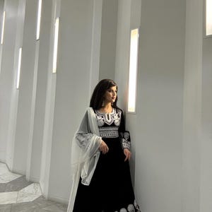 Embroidered Black Afghan Maxi Dress with Dupatta: Traditional Kuchi Clothing