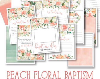 May include: Printable peach floral baptism memory book with pages for guests, a baptism day memory, a personal testimony, and more. The pages are decorated with watercolor peach flowers and greenery.
