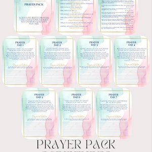 May include: A printable prayer pack with a watercolor background. The pack includes seven days of scripture-based prayers and declarations to help you root yourself in who God says you are. The text includes the phrase "Identity in Christ".