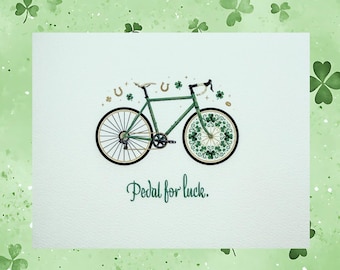 St. Patrick's Cyclist Greeting Card, Pedal For Luck, Handmade Keepsake