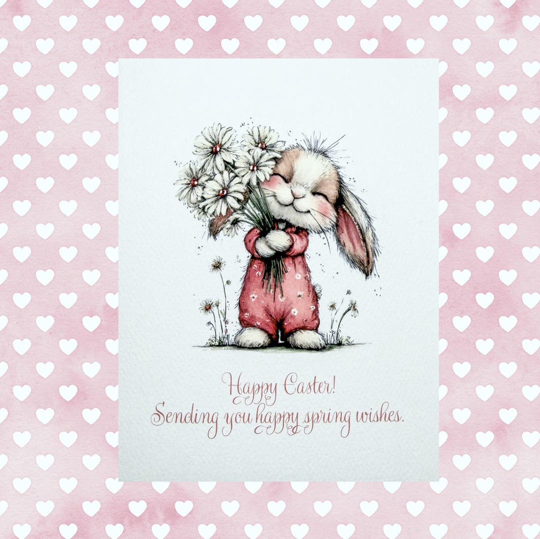 Easter Card Design "bunny Bouquet of Daisies", Handmade Watercolor Card ...