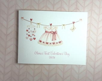 Personalizable Baby's First Valentine, Handmade Watercolor Pink Valentine's Dress Design