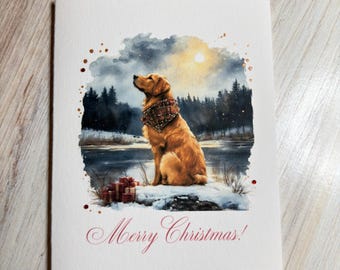 Watercolor Christmas Golden Labrador Card, Holiday Greeting with Adorable Dog, Winter Animal Art, Festive Handmade Watercolor Greeting Card