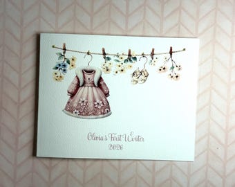 Personalizable Baby's First Winter Card, Handmade Watercolor Pink Winter Dress Design