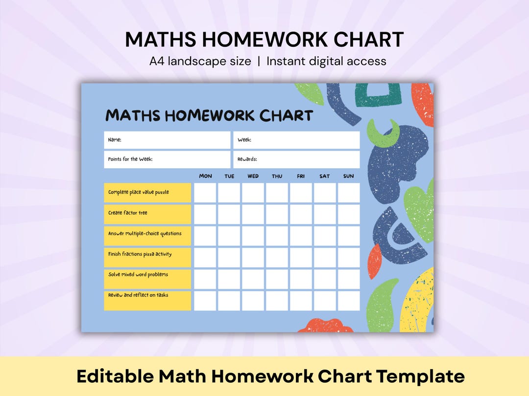 Editable Math Homework Chart Template | Kids Study Planner | Printable ...