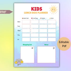 Editable Kids Lunch Box Planner Printable, Weekly Lunch Menu for School, Child Meal Tracker, Lunch Prep Sheet, PDF Meal Organizer