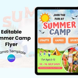 Editable Summer Camp Flyer Template for Kids | Printable Canva Design | Daycare, Camp Event, School Program | Instant Download