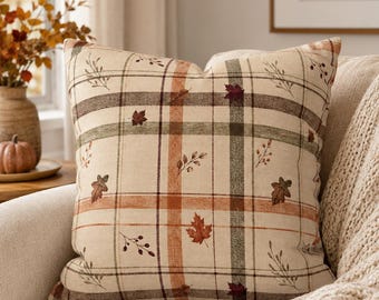 Fall Plaid Pillow Cover, Autumn Leaf Throw Pillowcase, Cozy Farmhouse Cushion Cover, Earthy Rustic Sofa Decor, Fall Home Decor