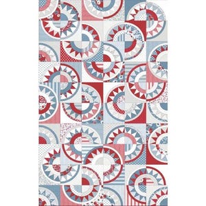May include: A patchwork quilt with a repeating pattern of red, white, and blue half-circle designs. The quilt features various patterns, including polka dots, floral prints, and stripes, creating a patriotic and decorative textile.