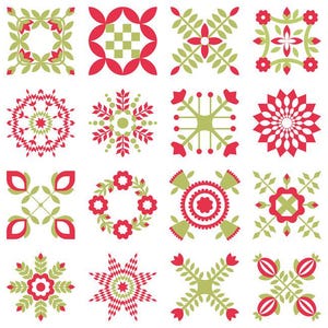 Könnte beinhalten: Eine Sammlung roter und grüner floraler und geometrischer Designs. Die Designs umfassen Kränze, Quadrate und Sternmuster. Die Farbpalette besteht aus Rot, Grün und Weiß und erzeugt eine visuell ansprechende Illustration.