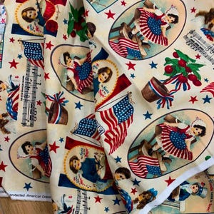May include: Fabric featuring a repeating pattern of vintage-style illustrations of children in patriotic outfits, American flags, potted cherry trees, and musical scores for The Star-Spangled Banner on a cream background with scattered red and blue stars.