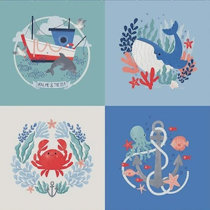 May include: A fabric panel featuring four nautical-themed squares with illustrations of a boat, a whale, a crab, and an octopus with an anchor. The text "YOU, ME & THE SEA" is printed on the boat square. The border has a dark blue anchor pattern.